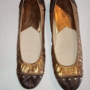 Michael Kors Women's Ballet Flats w/Studs Size 9.5M Gold/Brown Logo EUC